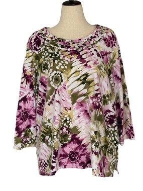 Alfred Dunner Floral Tie-Dye Boatneck Top in Pink and Olive